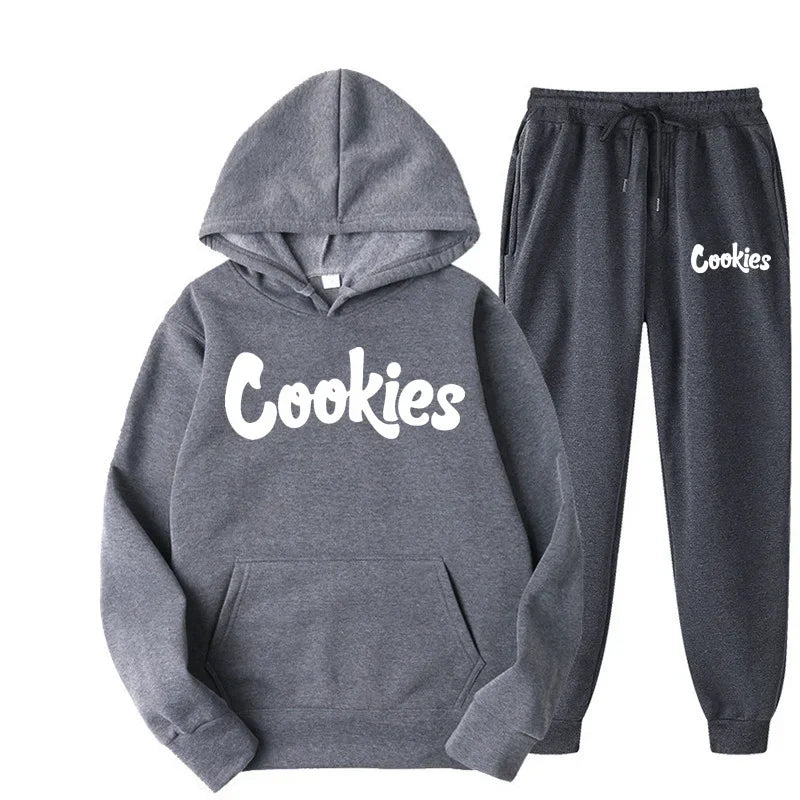 Gray cookies fashion trend hoodie and matching joggers set in soft heathered fabric with brand printing logo