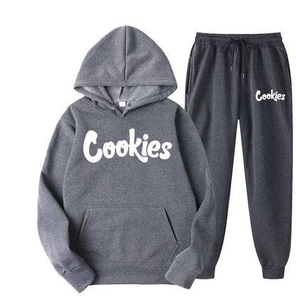 Gray cookies fashion trend hoodie and matching joggers set in soft heathered fabric with brand printing logo