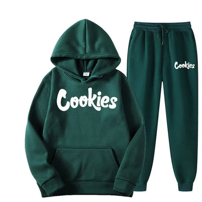 Dark green fashion trend hoodie and matching suit jacket pants set with white brand printing logo cookies in sizes S-3XL