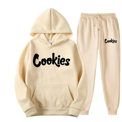 Cream-colored fashion trend hoodie and matching joggers with bold black brand printing logo for casual wear size S-3XL