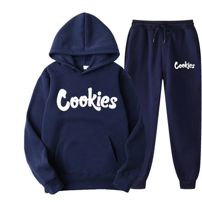 Navy blue fashion trend hoodie and suit jacket pants set with white cookies brand printing logo for men and women