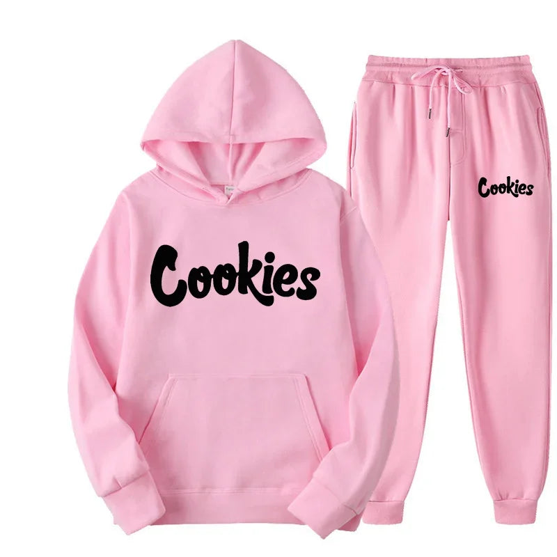 Pink cookies hoodie and matching sweatpants set featuring brand printing logo in casual fashion trend hoodie suit jacket pants style