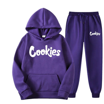 Purple cookies hoodie and matching sweatpants set with white cursive brand printing logo in fashion trend hoodie style