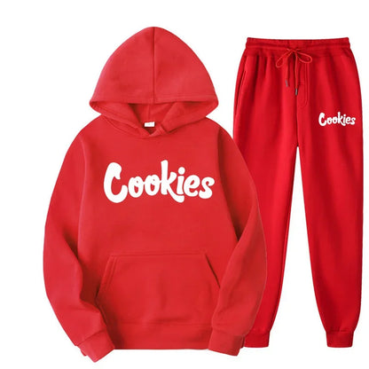 Red cookies fashion trend hoodie and matching suit jacket pants set with bold white brand printing logo on cotton fabric