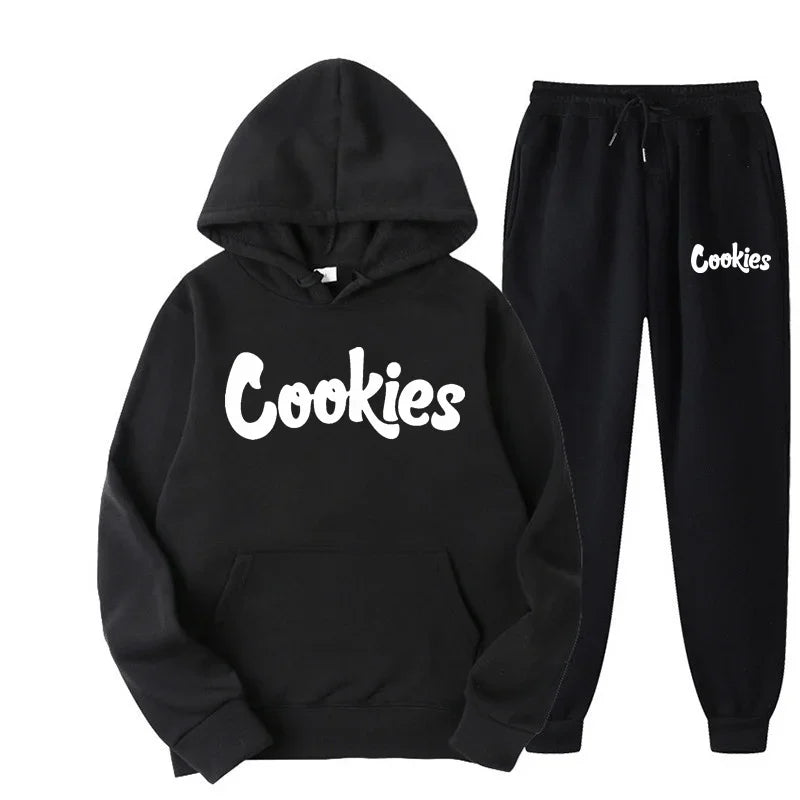 Black hoodie and joggers set with white cookies brand printing logo in a 2024 fashion trend hoodie suit jacket pants design