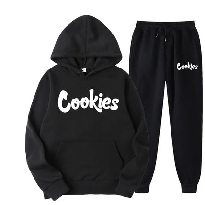 Black hoodie and joggers set with white cookies brand printing logo in a 2024 fashion trend hoodie suit jacket pants design