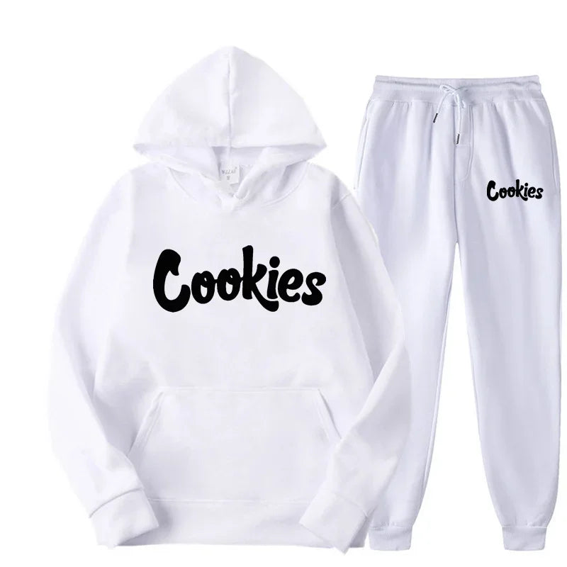 White hoodie and joggers two-piece suit jacket pants set with bold black cookies brand printing logo for men and women fashion trend hoodie