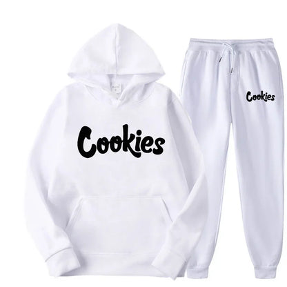 White hoodie and joggers two-piece suit jacket pants set with bold black cookies brand printing logo for men and women fashion trend hoodie