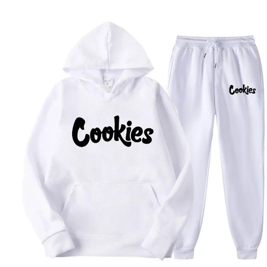 White hoodie and joggers two-piece suit jacket pants set with bold black cookies brand printing logo for men and women fashion trend hoodie