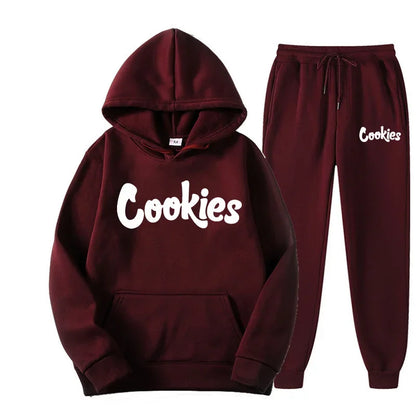 Maroon fashion trend hoodie and matching joggers with white cookies brand printing logo casual suit jacket pants set