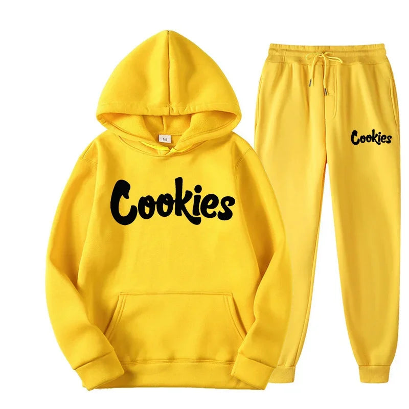 Bright yellow fashion trend hoodie and suit jacket pants set with bold black brand printing logo for men and women