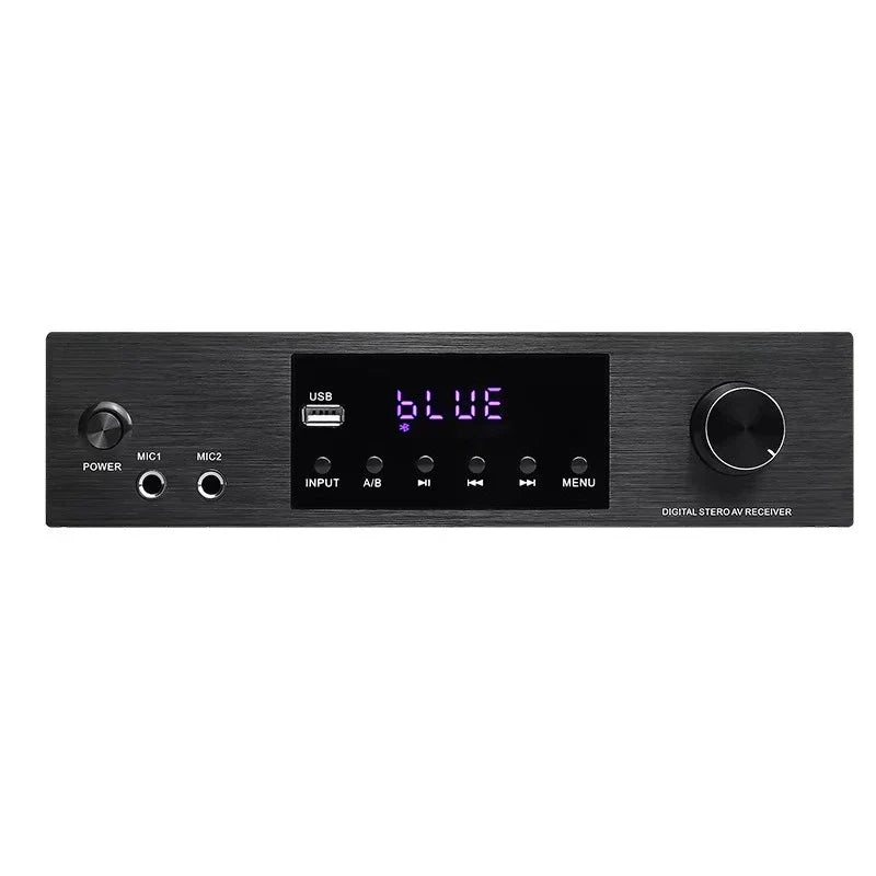 Black karaoke hd hifi av receiver amplifier with brushed metal finish and purple led display showing blue for ktv-200