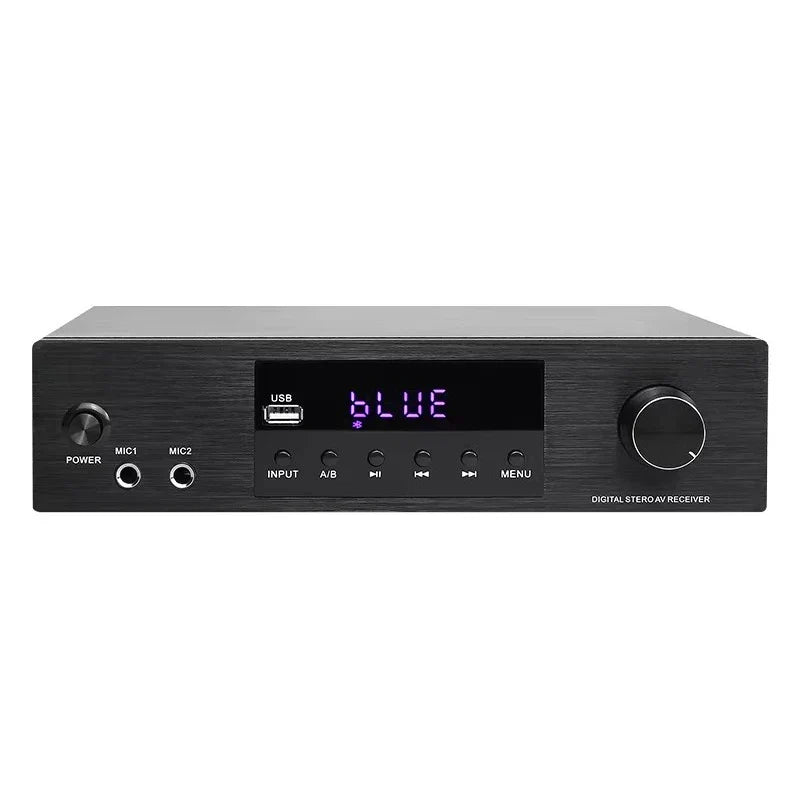 Black karaoke hd hifi av receiver amplifier with brushed metal finish and purple led display showing blue 2024 new arrival