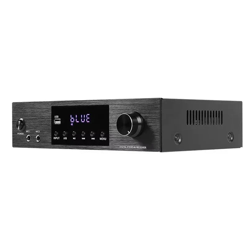 Black 2024 new arrival karaoke hd hifi av receiver amplifier with wood-grain finish and blue led display showing blue input