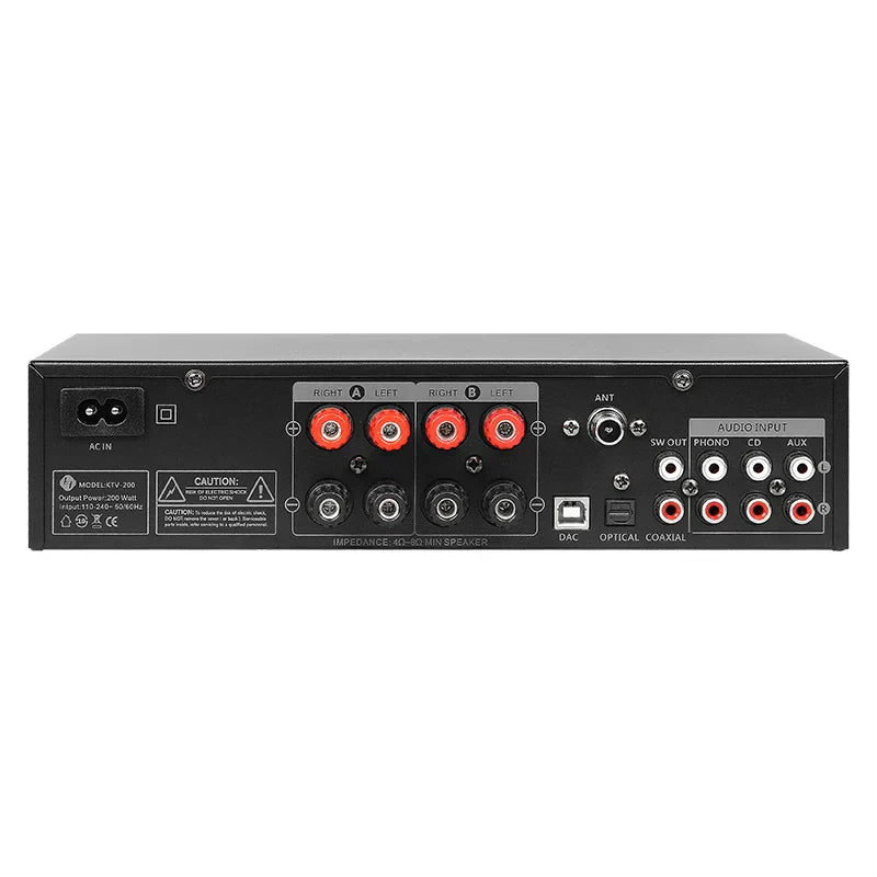 Backside of black mobeltv 200 karaoke hd hifi av receiver amplifier with red black terminals white rca jacks and usb port