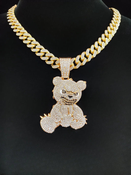Gold-plated bear shape pendant necklace with thick diamond-encrusted chain for hip hop fashion gift in 2024