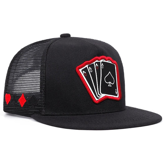 Black trucker hat with red and white playing card embroidered patch unisex snapback fashion hip hop outdoor cap