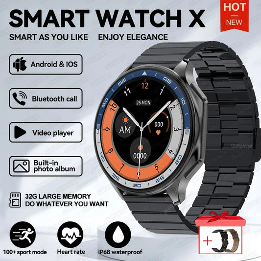 Black metallic oppo watch x waterproof amoled smartwatch with bold orange and blue accent ring and watch 4g memory features