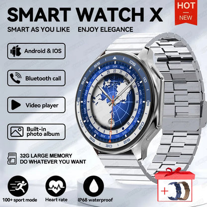Silver-toned oppo watch with blue and white world map dial stainless steel link bracelet waterproof amoled smartwatch with watch 4g memory