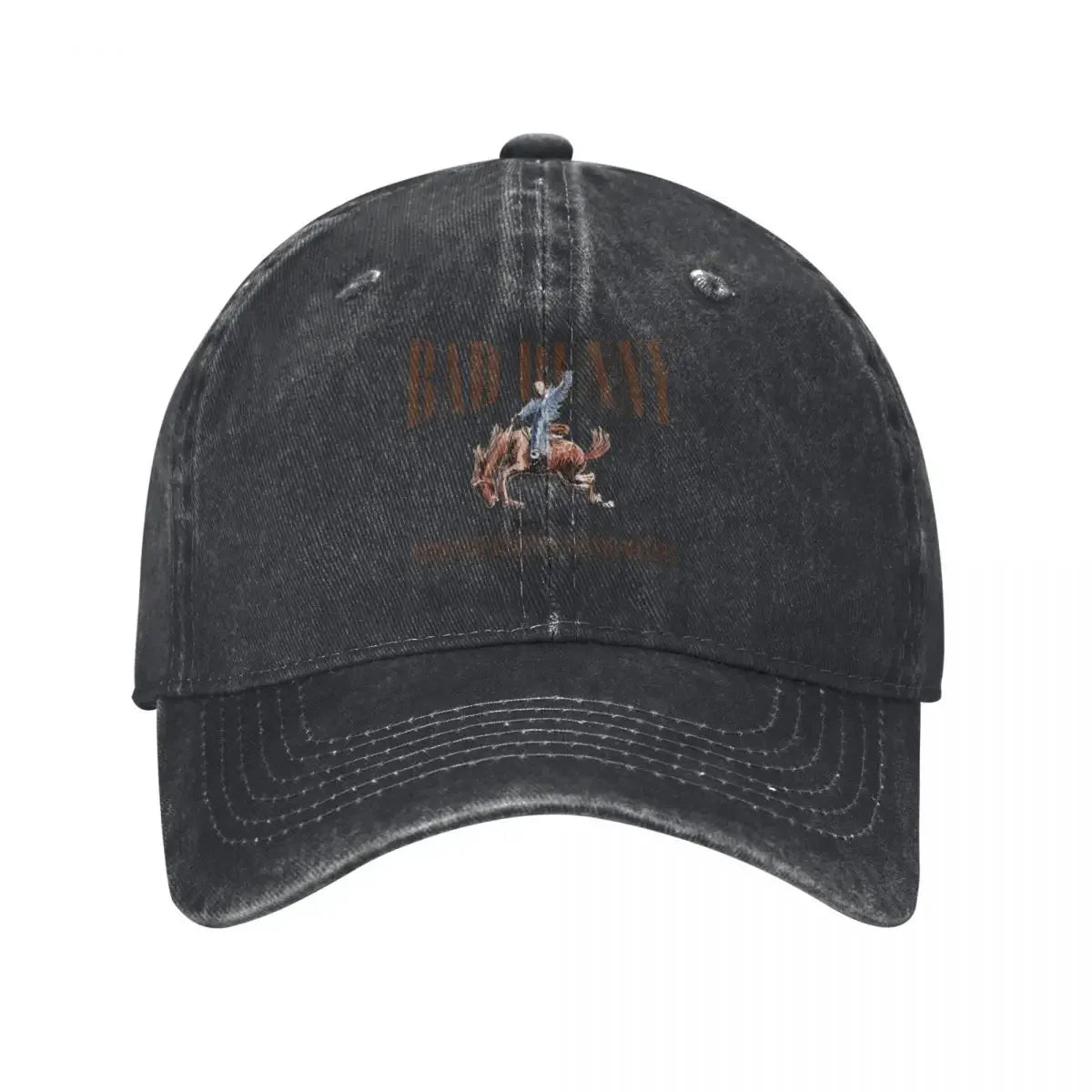 Black distressed denim baseball cap with embroidered rodeo rider design in faded orange and brown tones for tour bad bunny music sun cap