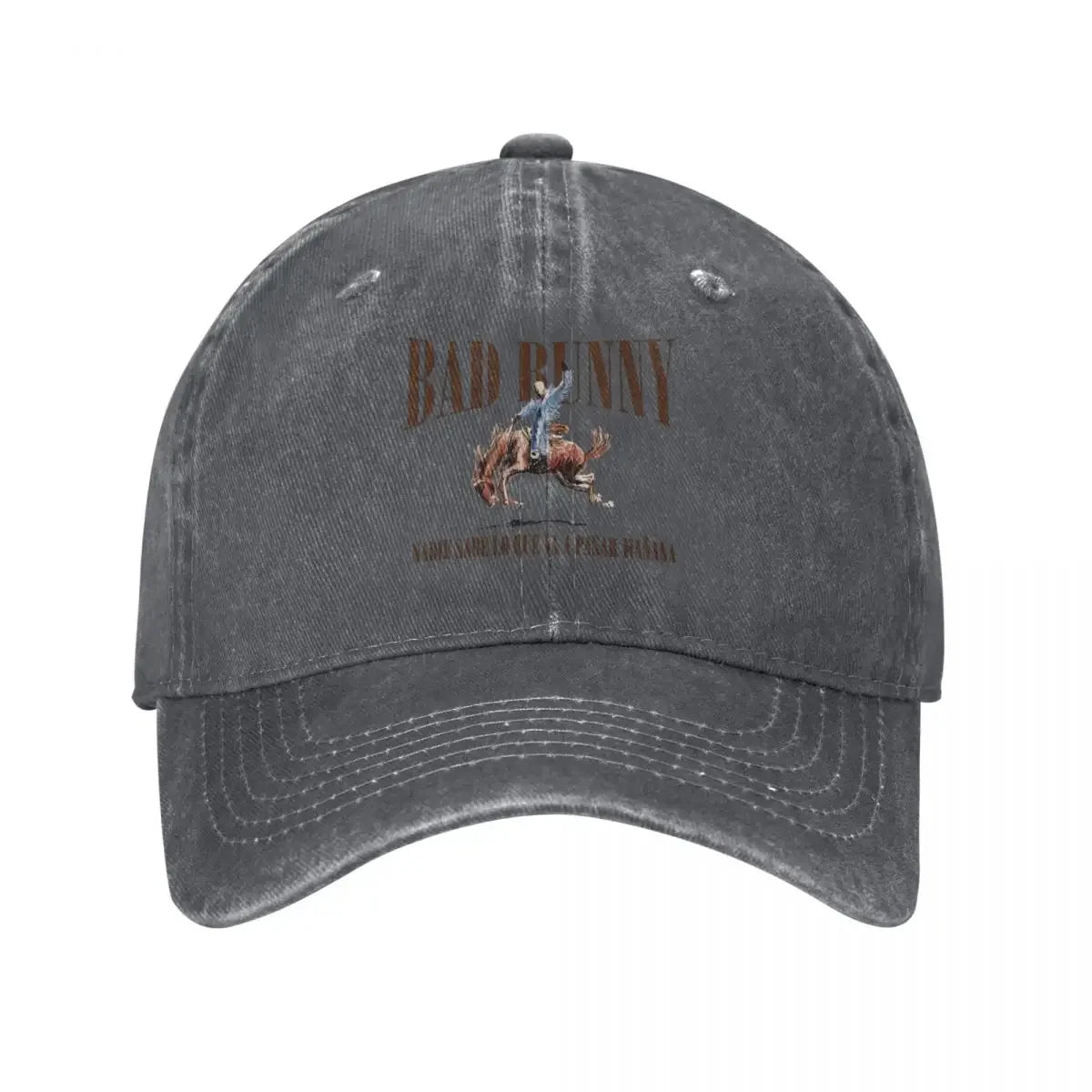 A faded dark gray tour bad bunny baseball caps retro featuring bad bunny riding a bucking horse music sun cap
