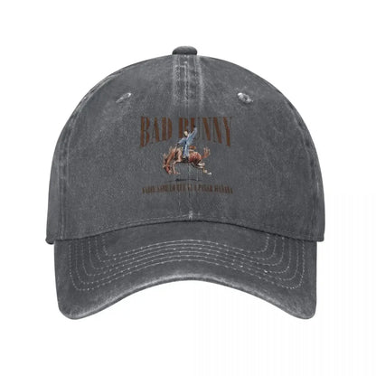 A faded dark gray tour bad bunny baseball caps retro featuring bad bunny riding a bucking horse music sun cap