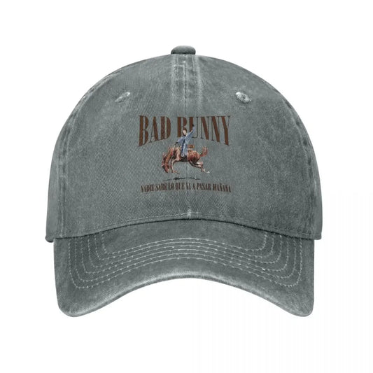 Faded gray baseball cap featuring bad bunny design and spanish lyrics perfect for tour bad bunny and music sun cap fans