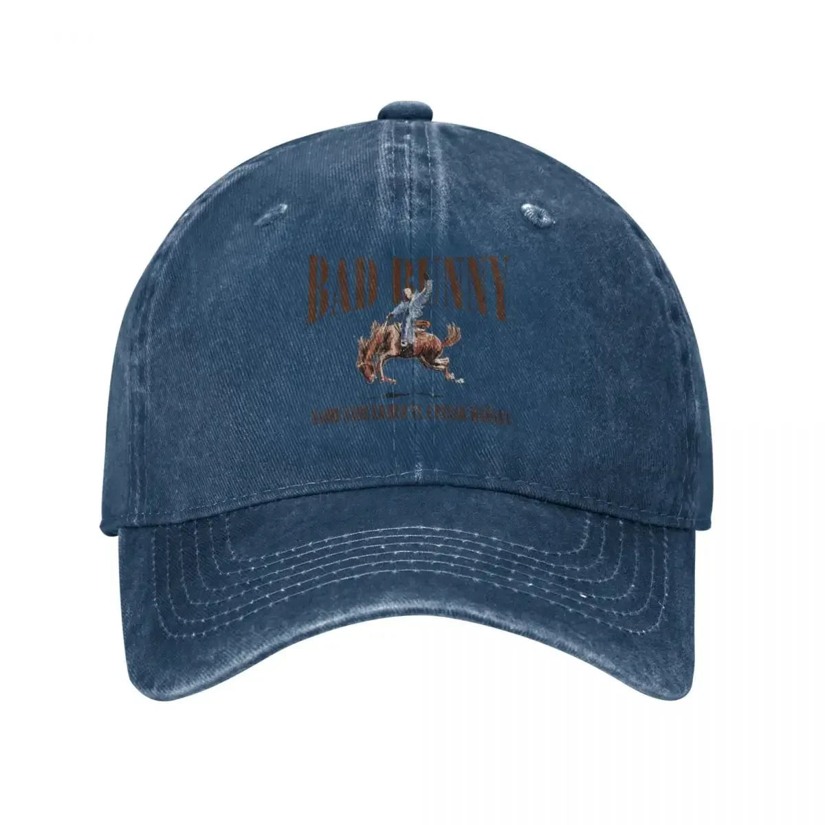 A faded blue denim baseball cap retro featuring an embroidered bad bunny rider logo music sun cap for outdoor use