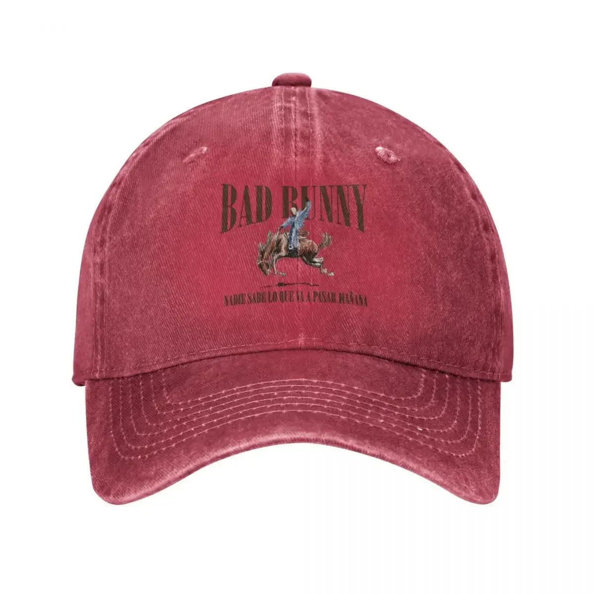 A faded maroon 2024 tour bad bunny baseball cap retro featuring bad bunny riding a horse graphic and spanish lyrics