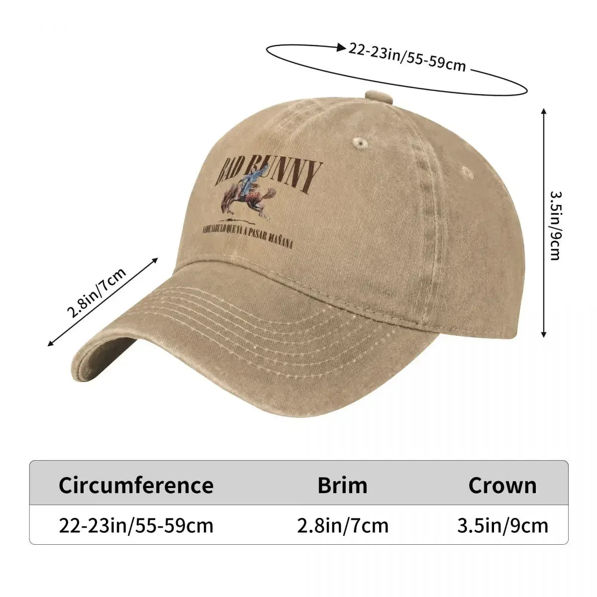 Beige cotton baseball cap with faded bad bunny logo and rider graphic from 2024 tour bad bunny music sun cap collection