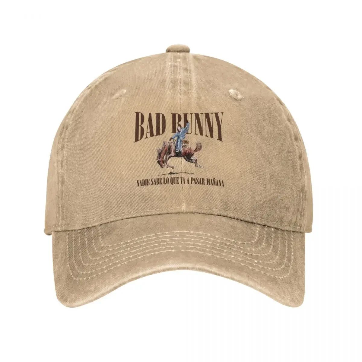 Beige distressed baseball caps retro featuring bad bunny on horseback graphic and text for 2024 tour bad bunny music sun cap