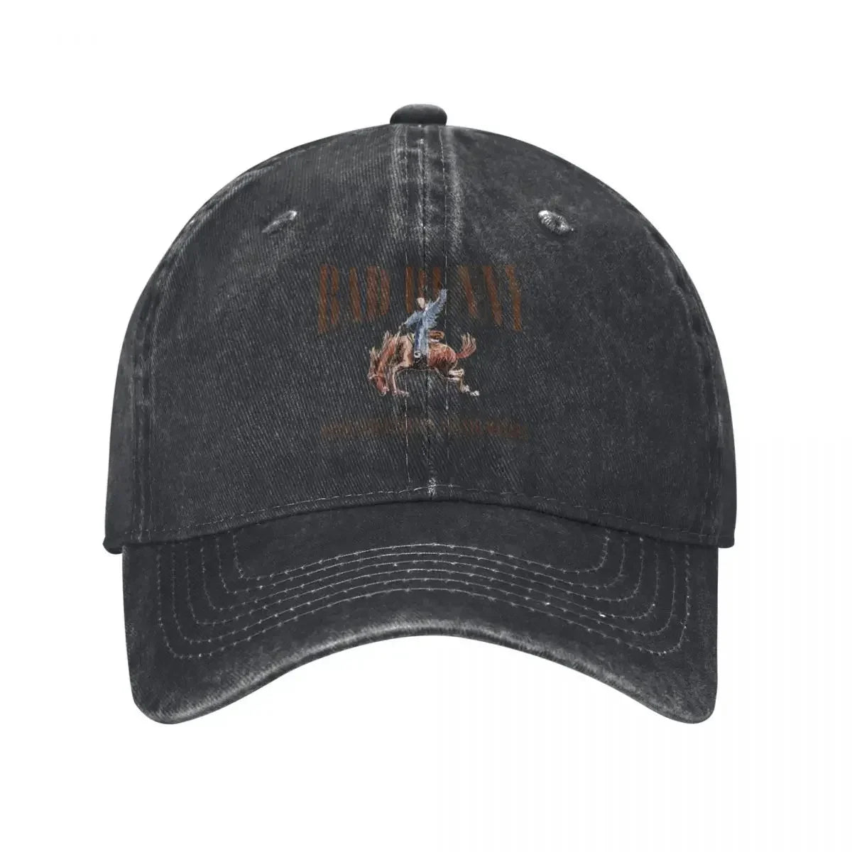 Faded black denim baseball cap with embroidered rodeo rider design for tour bad bunny music sun cap collection