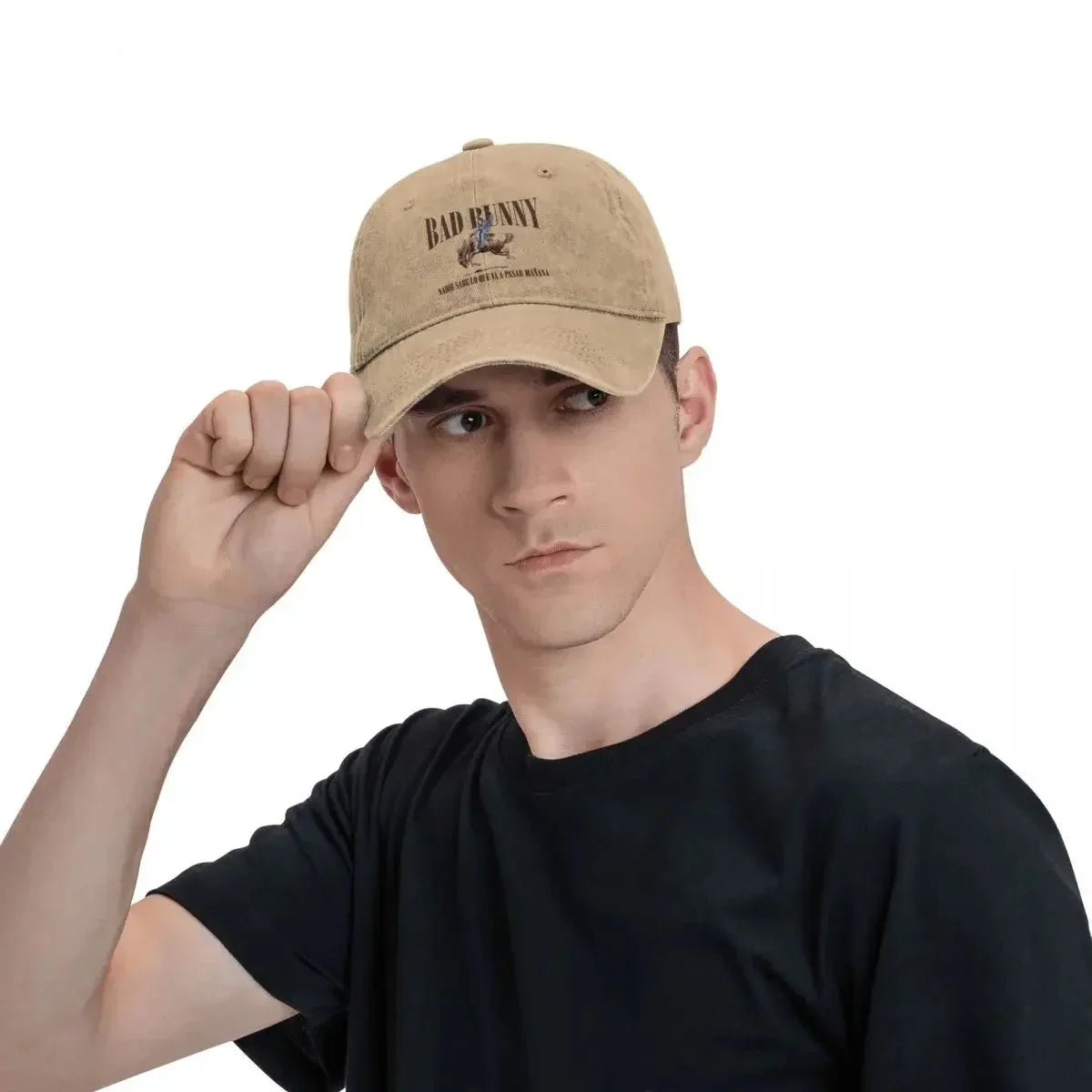 Tan cotton baseball cap with bad rabbit embroidery and small graphic tour bad bunny music sun cap for outdoor use