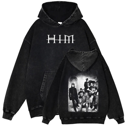 Black oversized cotton hoodie with faded white him logo front and black-and-white band photo on back for winter sportswear
