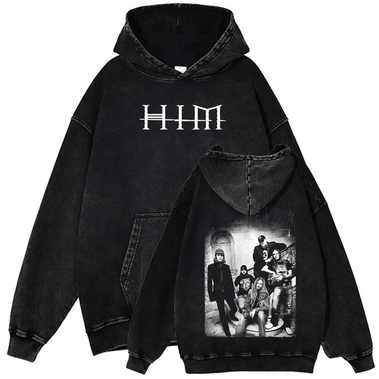 Black oversized cotton hoodie with faded white him logo front and black-and-white band photo on back for winter sportswear
