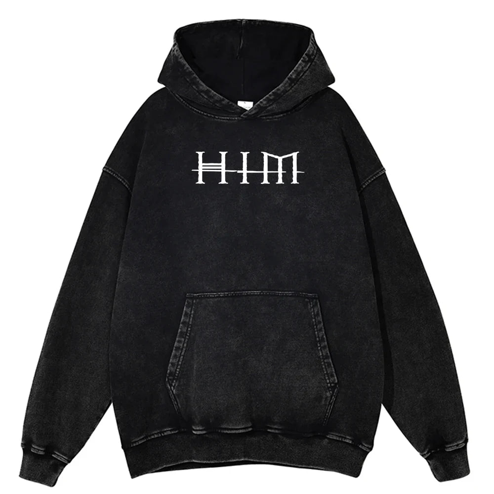 Black distressed cotton men’s oversize hoodie with white him lettering for winter hip hop streetwear outdoors