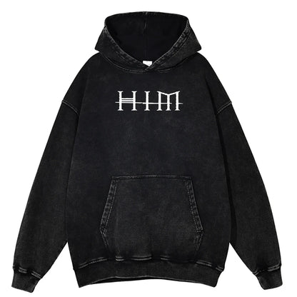 Black distressed cotton men’s oversize hoodie with white him lettering for winter hip hop streetwear outdoors