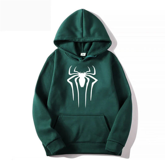 Dark green solid color printed spider hoodie from 2024Fashion brand featuring a prominent white Spider-Man logo on chest