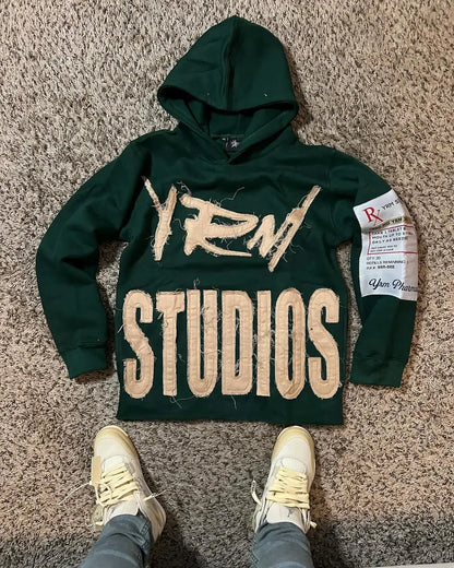 Dark green oversized sweater men y2k with beige embroidered yrn studios and pharmacy label patch on sleeve