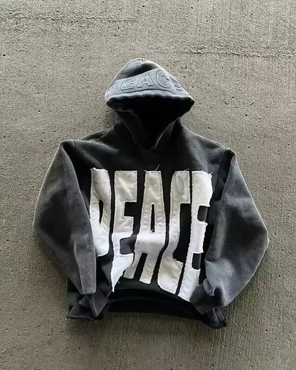 Black hoodie sweater men y2k with distressed white peace graphic and embroidered lettering in y2k gothic harajuku style