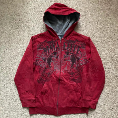 Red mma elite zip-up hoodie with black graphic design and gray-lined hood fashion oversized pattern sweater men y2k