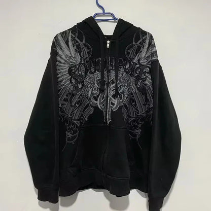 Black zip up hoodie with silver wing and ornate design front in y2k gothic harajuku fashion oversized pattern sweater men y2k