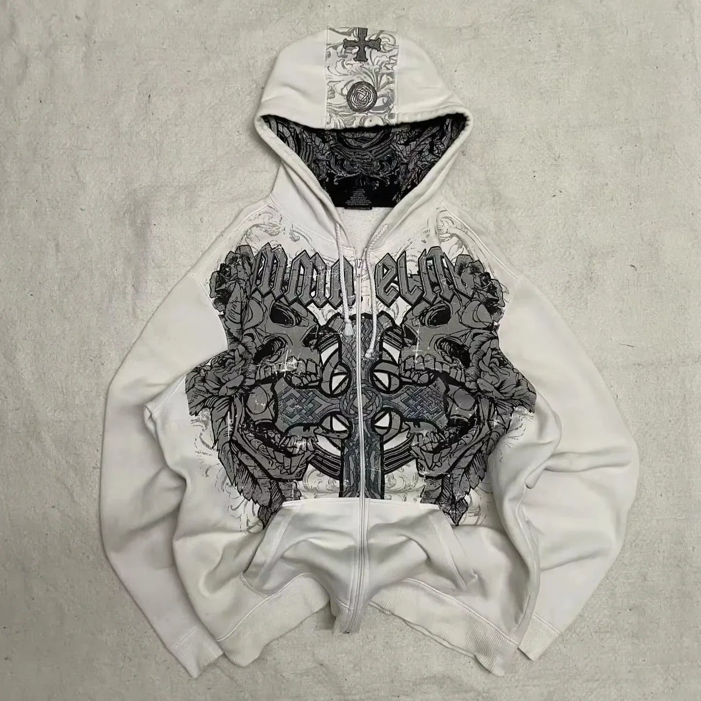 White zip-up sweater men y2k with intricate black and gray skull floral design and contrasting y2k gothic harajuku lining