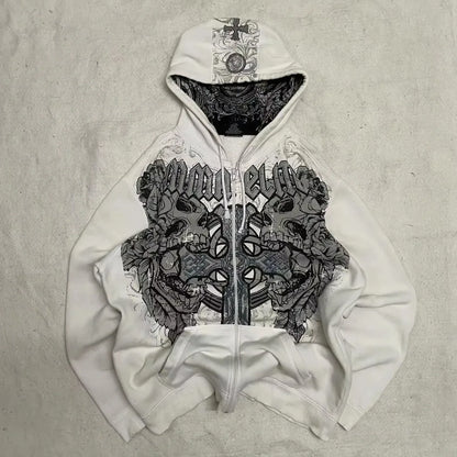 White zip-up sweater men y2k with intricate black and gray skull floral design and contrasting y2k gothic harajuku lining