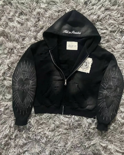 Black oversized zip-up sweater men y2k with embroidered heart sleeves and fall in paradise stitched hood y2k gothic harajuku