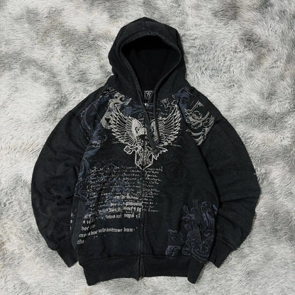 Black zip-up hoodie with distressed white eagle graphic and vintage text in y2k gothic harajuku sweater men y2k style