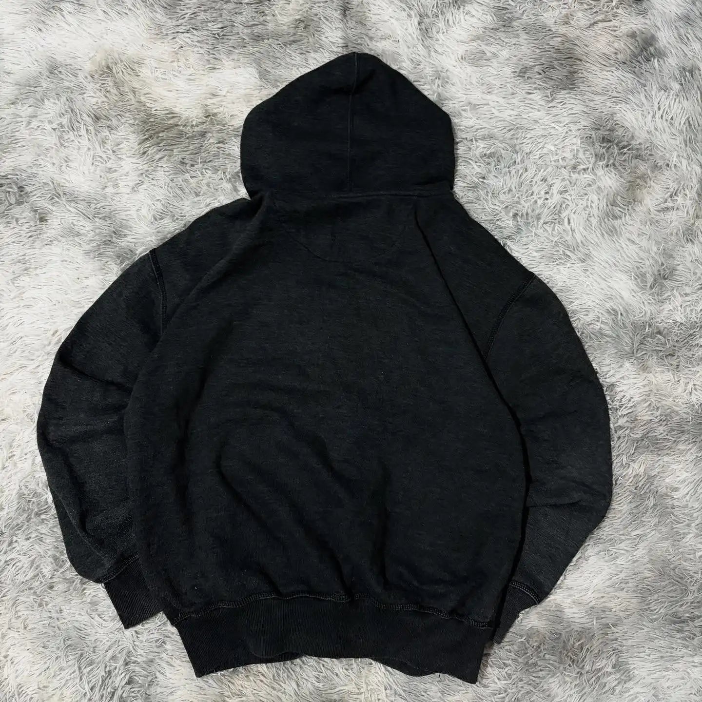 Black hooded sweater men y2k with soft worn fabric ribbed cuffs hem featuring fashion oversized pattern print