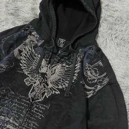 Black zip-up hoodie men featuring a large white embroidered eagle and silver-gray patterns in y2k gothic harajuku style