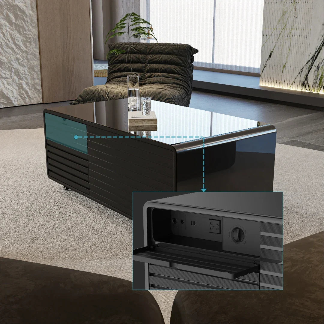 Modern black glossy smart coffee table with sleek design, multifunction music speaker, charging mini refrigerator, and power outlets