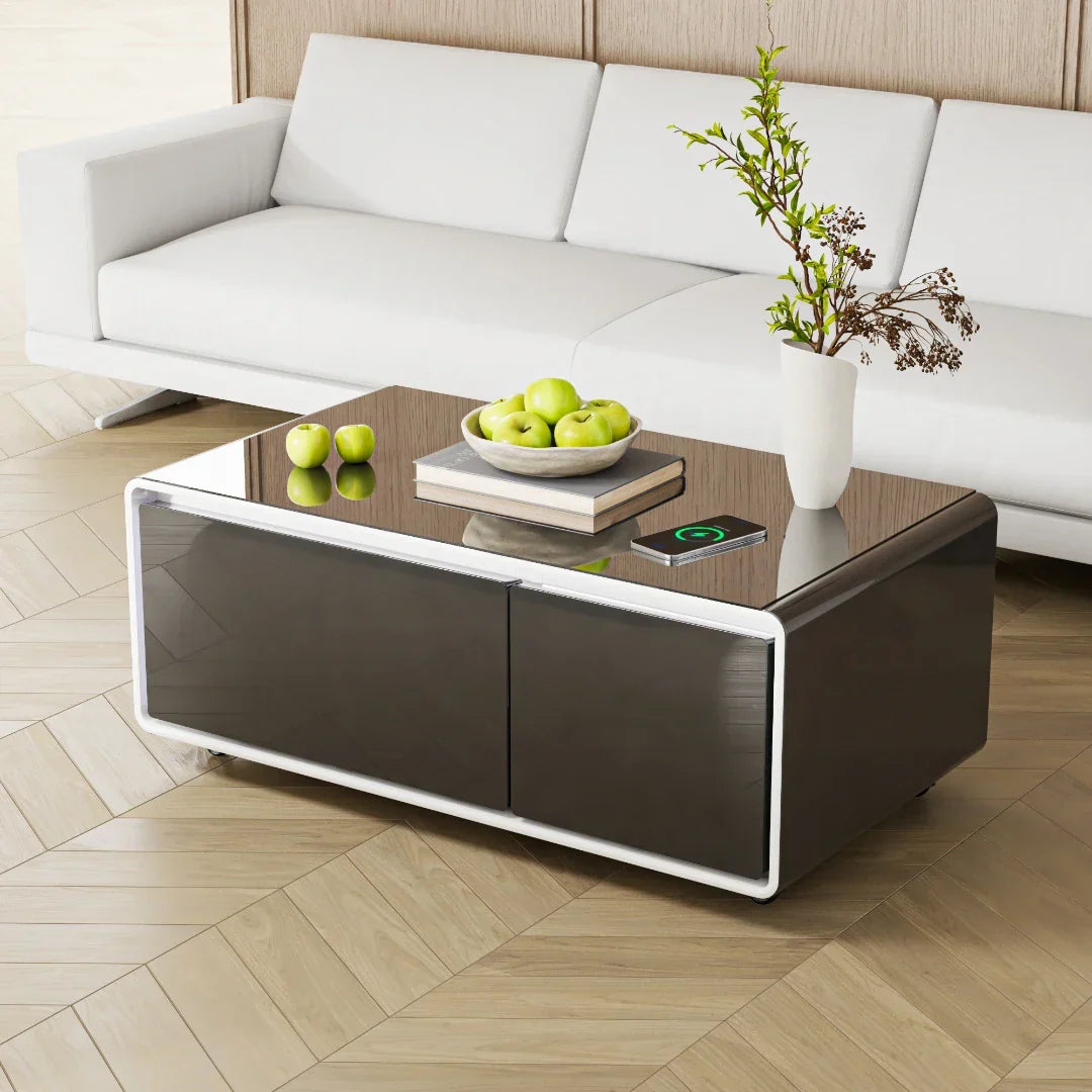 Modern black smart coffee table with glossy finish white trim two cabinet doors multifunction music speaker charging mini refrigerator